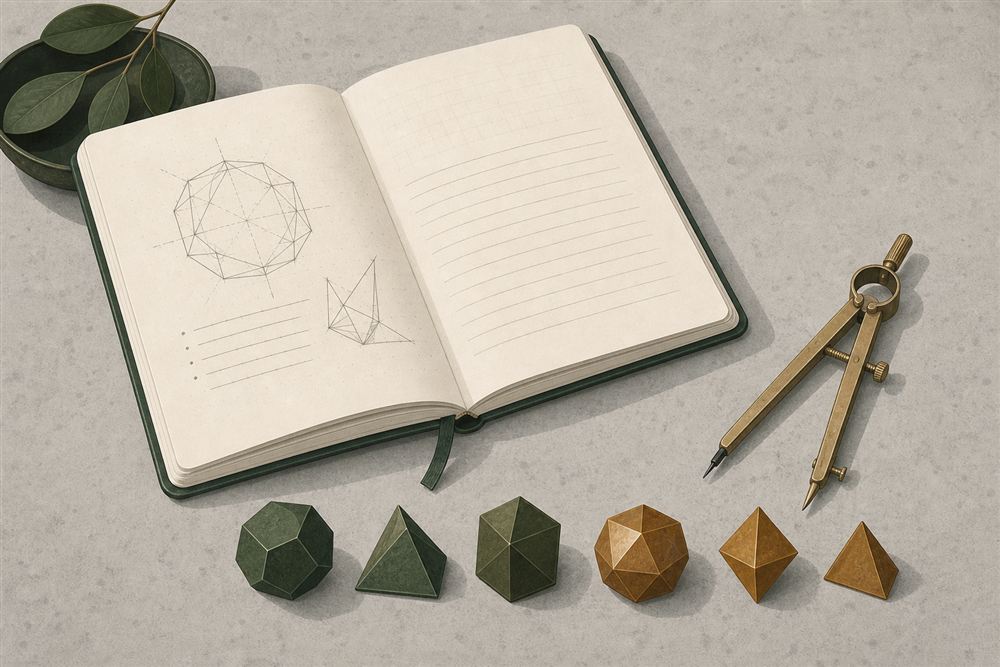 An open notebook with a hand-drawn geometric sketch, a drafting compass, and a small row of faceted shapes on a desk.