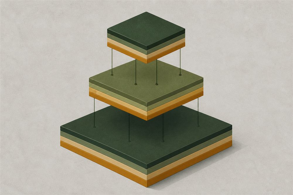 An illustration of three stacked layered platforms connected by thin lines, representing the layered structure of an industry.