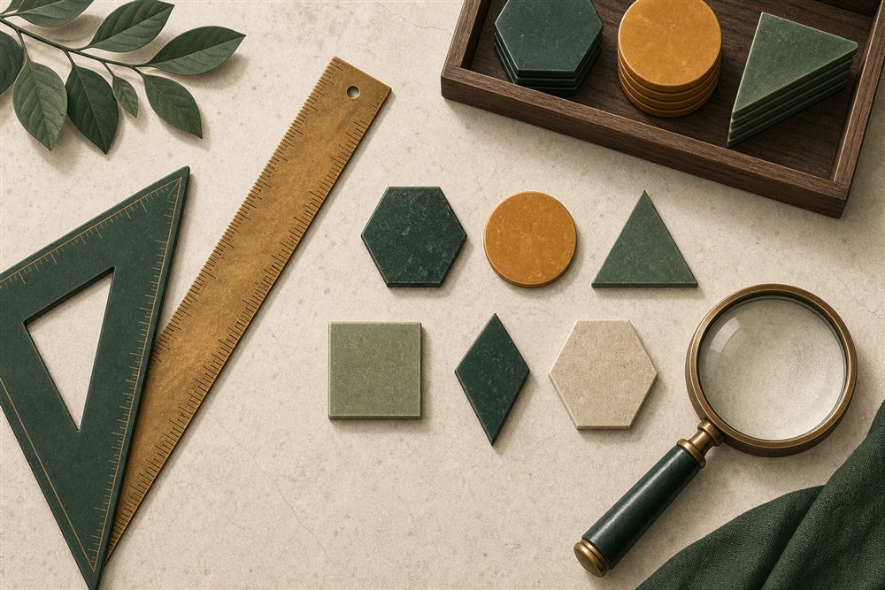 A ruler, set square and magnifying glass laid out beside a small set of geometric tiles, representing careful, criteria-by-criteria comparison.