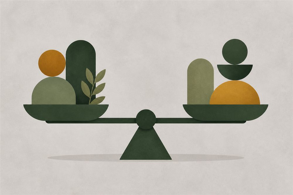 An illustration of a balanced set of scales with simple geometric shapes evenly weighted on each side.