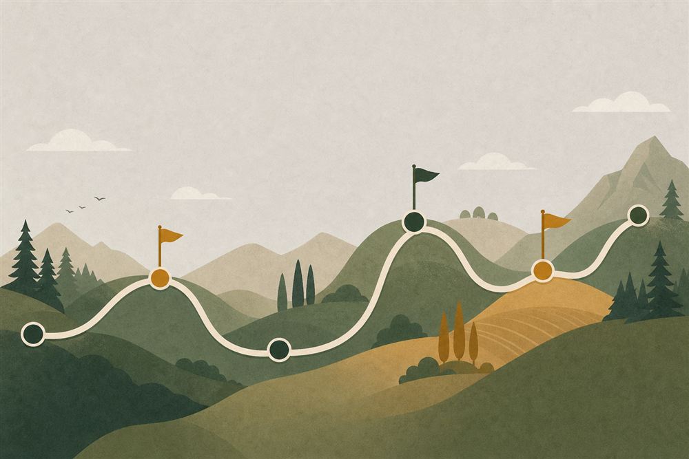 An illustration of a winding path crossing hills with small flag markers, representing a long historical journey.